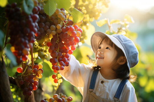 happy little asian kif picking grape in the sunny garden