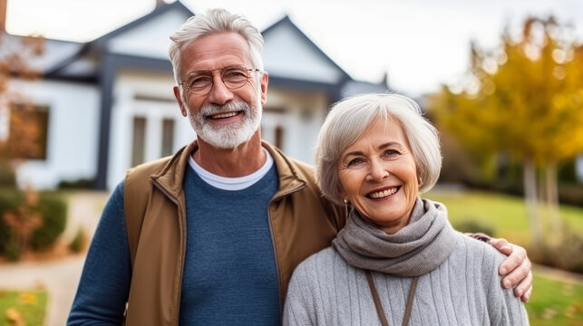 Happy senior couple together of a new home , Senior couple holding key and standing outside new house , Retirement couple and real estate concept , Created with Generate Ai Technology