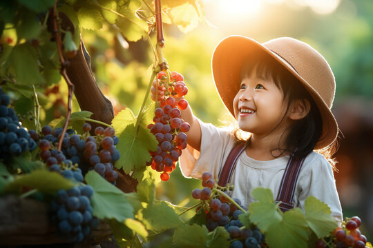 one happy little asian kif picking grape in the sunny farm at afternoon