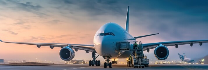 Commercial cargo air freight airplane loaded at airport.
