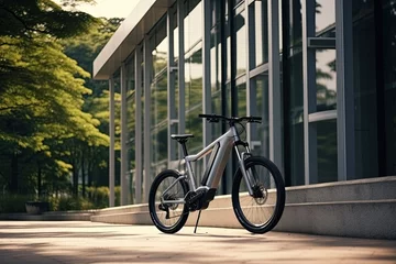 Foto op Aluminium Fiets Modern electric white bicycle in front of the modern office glass building on sunny autumn day
