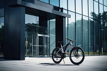Fotobehang Modern electric white bicycle in front of the modern office glass building on sunny autumn day © ttonaorh