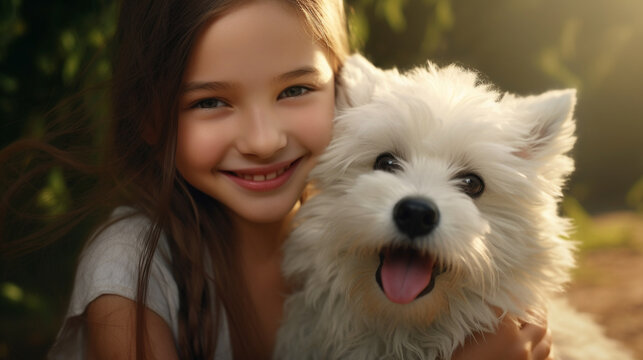 Cute girl hugging white dog in the field day together.