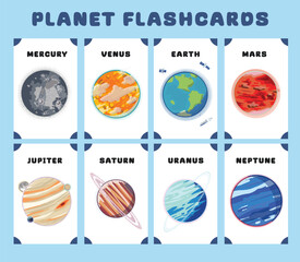 Set of planets flashcards for kids learning about planets, Mercury, Venus, Earth, Mars, Jupiter, Saturn, Uranus, Neptune. Vector illustration of solar system planets. Printable vector file.  © idcreative.ddid