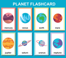 Set of planets flashcards for kids learning about planets, Mercury, Venus, Earth, Mars, Jupiter, Saturn, Uranus, Neptune. Vector illustration of solar system planets. Printable vector file. 