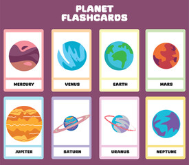 Set of planets flashcards for kids learning about planets, Mercury, Venus, Earth, Mars, Jupiter, Saturn, Uranus, Neptune. Vector illustration of solar system planets. Printable vector file.  © idcreative.ddid