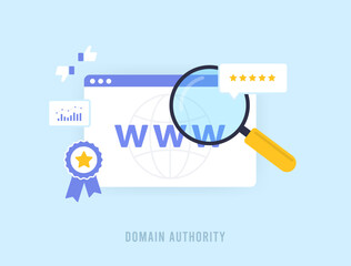 Domain Authority in SEO concept. Authority, Relevance and Trustworthiness in Aged Web Domains with Quality Backlinks. Vector illustration isolated on blue background with icons