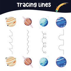 Tracing vertical lines activity with planets in the solar system, earth, mars, venus, Uranus, Saturn, mercury, etc. Tracing worksheet for kids practising the motoric skills. Educational printable page