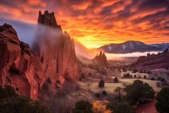 Beautiful sunrise at Garden of the Gods in Colorado Springs, CO. Generative AI