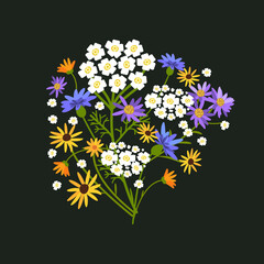 Bouquet of wild flowers on a dark background. Vector illustration - 644311900