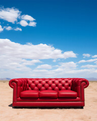 Fototapeta na wymiar luxury minimalist red sofa at the desert field, blue bright sky, create using generative AI tools