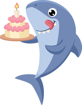 Shark party birthday character with cake. Holiday mascot