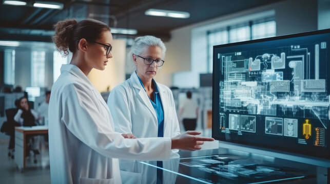Female Specialist Doing A Presentation And Explaining a 3D Blueprint to her Colleague in a Laboratory.