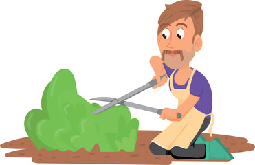 Gardener trim bush. Cartoon farmer cutting greenery