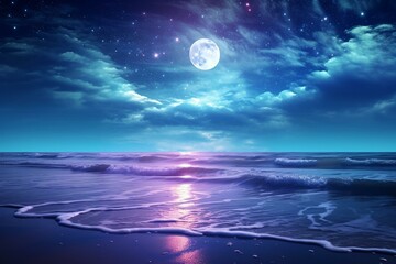 Fototapeta na wymiar Bright full moon rises above calm ocean, creating sparkles on waves. Generative AI