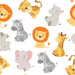 Childish seamless pattern with safari animals. Cute elephant, cheetah and giraffe in cartoon style. Vector african baby wild animals on white background.