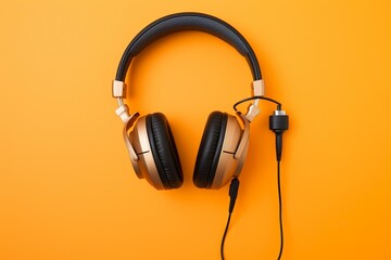 Overhead view of headphones and recording microphone on orange background. Generative AI