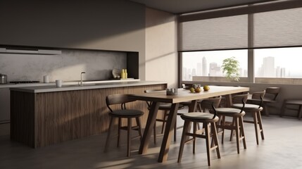 Naklejka na ściany i meble Dining area with long table in modern kitchen.