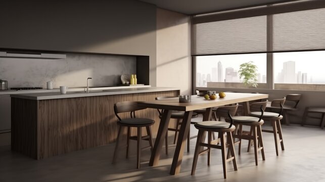 Dining area with long table in modern kitchen.