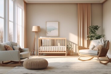 Light Nursery with Wood Crib and Wooden Rocking Chair and Tripod Floor Lamp with Wall Art