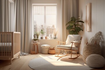 Apartment Baby Nursery Interior with Wood Crib and Indoor Fig Tree and Sunlight