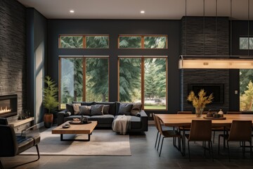Fototapeta premium Travel Destination Professionally Styled Family Room with Long Dining Table and Light Fixture with Forest Fall Views