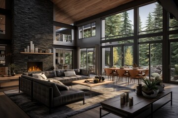 Fototapeta premium Luxury Residential Spacious Family Room with Grey Couches, Burning Fireplace and Nature Forest Views in Fall