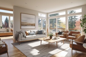 Cute Styled Apartment Living Interior with Cozy Couch and Wall Art and Modern Leather Accent Chairs in Fall