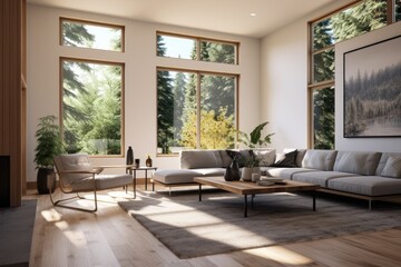 White Modern Clean Living Room Apartment Interior with Wall Art and Grey Couch and Wood Coffee Table in Fall