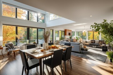 Fototapeta premium Dining Room Modern Interior with Wood Table and Black Chairs. Open Concept Layout with Living Room and Skylight Windows