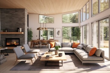 Luxurious Modern Living Room with Sunny Grey Sofa and Wood Accent Ceiling and Orange Accent Pillows