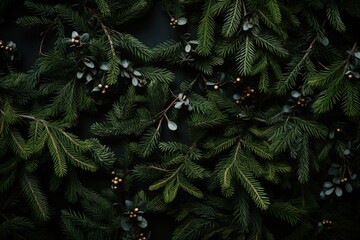 Texture of wall decorated with garlands and green pine fir branches, Christmas decorations background