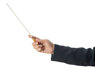 Woman hand holding Baton or Magic wand conjured up in the air on white background, Miracle magical stick Wizard for fantasy story or music conductor isolate on white with clipping path.