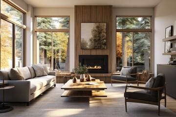 Rustic Modern Living Room with Sustainable Wood Coffee Table with Double Accent Chairs and Wood Accent Wall in Fall
