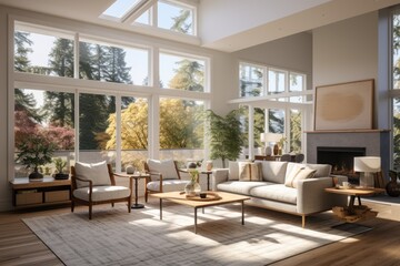 Forest Views in Modern Apartment Living Room with Linen Sofa and Grey Fireplace with Skylights