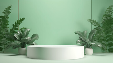 podium in Natural green background for Empty show for packaging product presentation