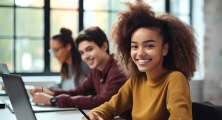 Obraz premium Happy black female student studying in classroom at university, Group mates sitting nearby.