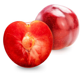 Plum fruit on white background, Red Plums Isolate in white with clipping path.
