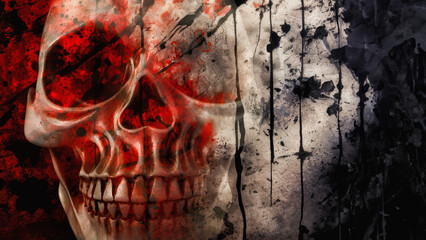 Halloween concept of double exposure of human skull and abstract bloody grunge spooky background