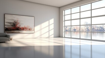 Aesthetic modern minimalist living room with sofa and panoramic windows, Decor big mirror on the...
