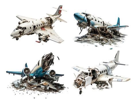 Crashed plane, transparent background, isolated image, generative AI

