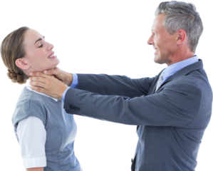 Digital png photo of caucasian businessman with hands on woman neck on transparent background