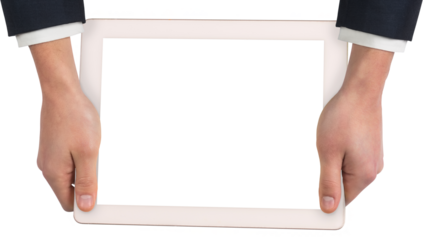 Digital png photo of caucasian businessman holding tablet with copy space on transparent background