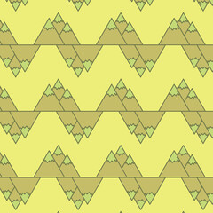 Digital png illustration of mountain peaks repeated over yellow on transparent background
