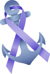 Digital png illustration of purple ribbon and blue anchor on transparent background