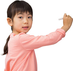 Digital png photo of asian schoolgirl writing with chalk on transparent background