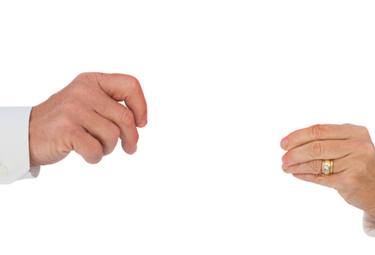 Digital png photo of hands of senior caucasian couple holding object on transparent background