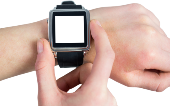 Digital png photo of caucasian woman using smartwatch with copy space on transparent background
