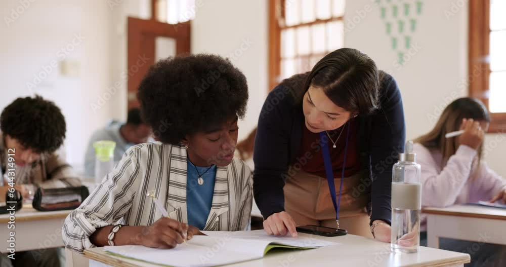 Poster university, help and woman with teacher in classroom exam for education, learning and school work. s