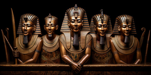 Golden statues of ancient Egyptian pharoahs. - obrazy, fototapety, plakaty